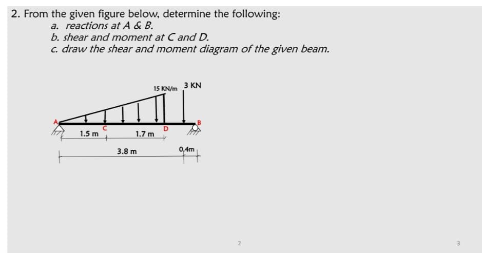 2. From the given figure below, determine the following:
a. reactions at A & B.
b. shear and moment at C and D.
c. draw the shear and moment diagram of the given beam.
15 KN/m
3 KN
1.5 m
1.7 m
3.8 m
0.4m
2.
