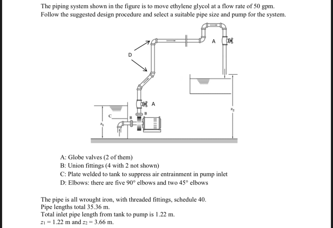 The piping system shown in the figure is to move ethylene glycol at a flow rate of 50 gpm.
Follow the suggested design procedure and select a suitable pipe size and pump for the system.
A
B
A: Globe valves (2 of them)
B: Union fittings (4 with 2 not shown)
C: Plate welded to tank to suppress air entrainment in pump inlet
D: Elbows: there are five 90° elbows and two 45° elbows
The pipe is all wrought iron, with threaded fittings, schedule 40.
Pipe lengths total 35.36 m.
Total inlet pipe length from tank to pump is 1.22 m.
z1 = 1.22 m and z2 = 3.66 m.
