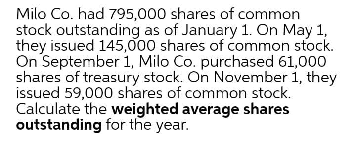 Milo Co. had 795,000 shares of common
stock outstanding as of January 1. On May 1,
they issued 145,000 shares of common stock.
On September 1, Milo Co. purchased 61,000
shares of treasury stock. On November 1, they
issued 59,000 shares of common stock.
Calculate the weighted average shares
outstanding for the year.
