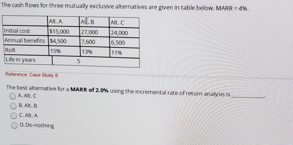 The cash flows for three mutually exclusive alternatives are given in table below. MARR = 4%.
ALB Alt. C
27,000
24,000
7,600
6,500
13%
11%
Initial cost
Annual benefits
ROR
Life in years
Alt. A
$15,000
$4,500
15%
5
Reference: Case Study 8
The best alternative for a MARR of 2.0% using the incremental rate of return analysis is
A. Alt. C
B. Alt. B
C. Alt. A
OD.Do-nothing