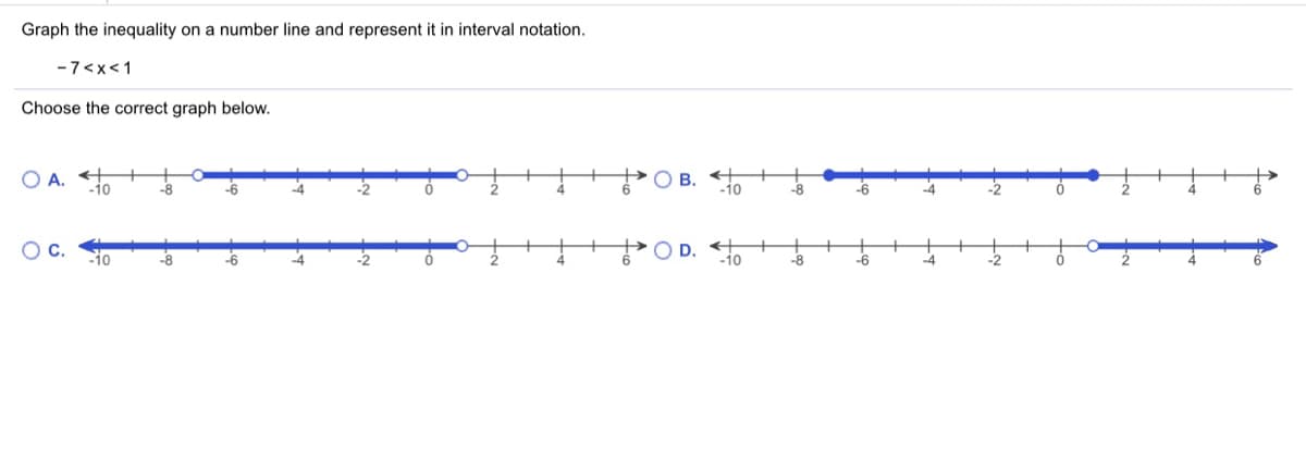 Graph the inequality on a number line and represent it in interval notation.
-7<x<1
Choose the correct graph below.
OA.
B. .
-10
-8
-6
-4
-2
-8
-6
-4
-2
4
OC.
10
-8
-6
-4
-10
-8
-6
-4
