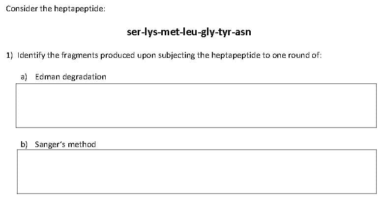 Consider the heptapeptide:
ser-lys-met-leu-gly-tyr-asn
1) Identify the fragments produced upon subjecting the heptapeptide to one round of:
a) Edman degradation
b) Sanger's method