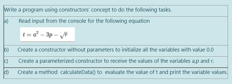 Write a program using constructors' concept to do the following tasks.
a)
Read input from the console for the following equation
t = a² – 3p – Vī
b)
Create a constructor without parameters to initialize all the variables with value 0.0
c)
Create a parameterized constructor to receive the values of the variables a,p and r.
d)
Create a method calculateData() to evaluate the value of t and print the variable values.
