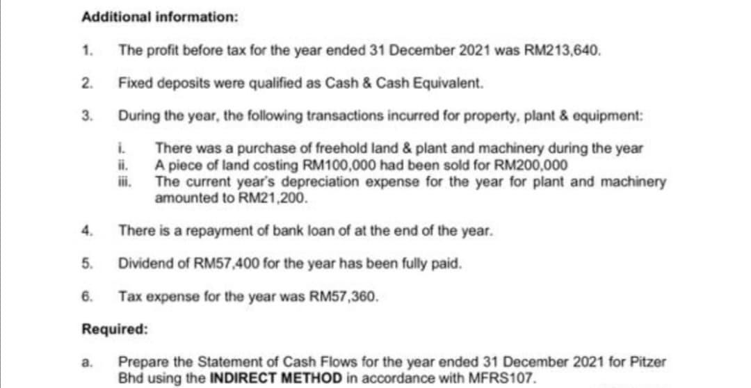 Additional information:
1.
The profit before tax for the year ended 31 December 2021 was RM213,640.
2.
Fixed deposits were qualified as Cash & Cash Equivalent.
3.
During the year, the following transactions incurred for property, plant & equipment:
i. There was a purchase of freehold land & plant and machinery during the year
ii.
A piece of land costing RM100,000 had been sold for RM200,000
i.
The current year's depreciation expense for the year for plant and machinery
amounted to RM21,200.
4.
There is a repayment of bank loan of at the end of the year.
5.
Dividend of RM57,400 for the year has been fully paid.
6.
Tax expense for the year was RM57,360.
Required:
Prepare the Statement of Cash Flows for the year ended 31 December 2021 for Pitzer
Bhd using the INDIRECT METHOD in accordance with MFRS107.
a.
