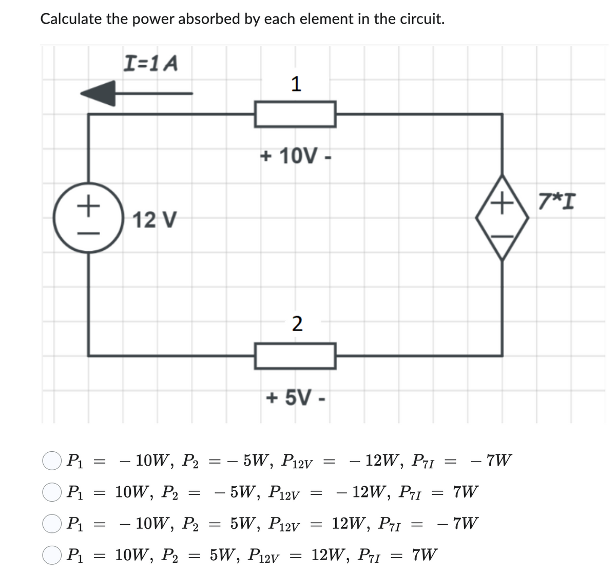 Calculate the power absorbed by each element in the circuit.
+1
P₁
=
=
I=1A
=
12 V
- 10W, P₂
10W, P₂
=
=
=
1
+ 10V -
- 5W,
P12V =
P₁ 10W, P₂
P₁ = 10W, P2 = 5W, P12V =
5W,
P12V
P₁
2
+ 5V-
– 5W, P12V
=
=
- 12W, P71
- 12W, P₁
12W, P₁1 =
12W,
= 7W
PTI = 7W
7W
4 7*1
7W
