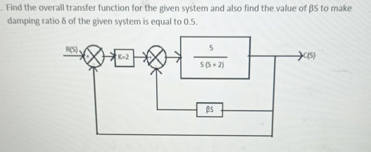 . Find the overall transfer function for the given system and also find the value of BS to make
damping ratio 8 of the given system is equal to 0.5.
R(S)
D
K=2
5
S (5+2)
BS
C(s)