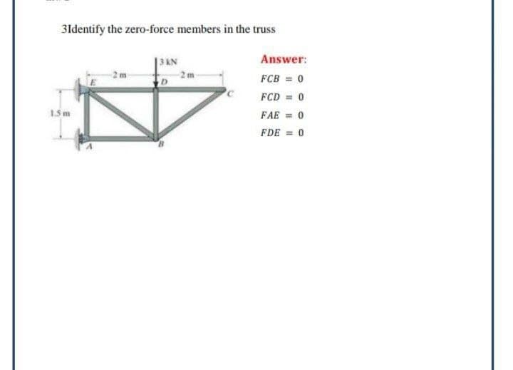 3Identify the zero-force members in the truss
15 m
3KN
Answer:
2m
D
FCB = 0
FCD = 0
FAE = 0
FDE = 0
