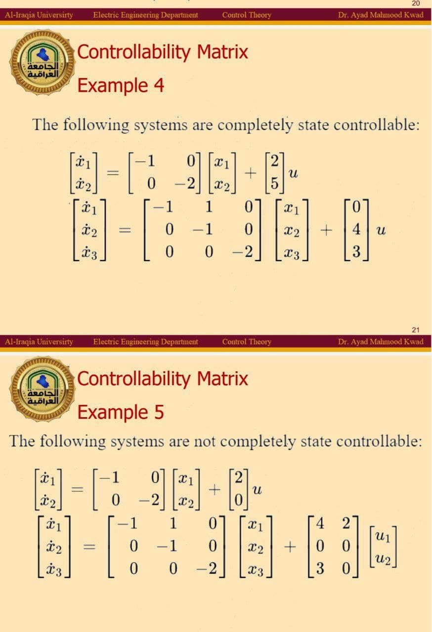 Al-Iraqia Universirty
Electric Engineering Department Control Theory
Dr. Ayad Mahmood Kwad
لجامعة
العراقية
Controllability Matrix
Example 4
The following systems are completely state controllable:
0
x1
=
+
น
*2
1
X2
5
x1
*2
=
0
1 0
x2
+
น
3
0
0
X3
21
Al-Iraqia Universirty
Electric Engineering Department
Control Theory
Dr. Ayad Mahmood Kwad
الجامعة
العراقية
Controllability Matrix
Example 5
The following systems are not completely state controllable:
1
*2
3.
=
x1
+
น
-2 x
1
1
x1
4 2
=
0
1
0
X2
+
00
ՂԱԶ
0
0
-2
X3
30