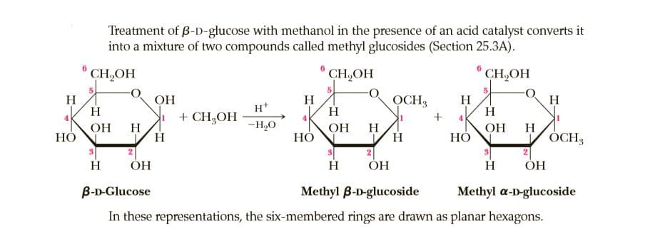 Treatment of B-D-glucose with methanol in the presence of an acid catalyst converts it
into a mixture of two compounds called methyl glucosides (Section 25.3A).
CH,OH
* CH,OH
CH,OH
H
H
OH
+ CH,OH
H
H
5.
H
H
OCH,
H
H*
4
4
ОН
H
-H,O
OH
H
ОН
H
ÓCH,
НО
НО
НО
2
ОН
H
ОН
H
ОН
B-D-Glucose
Methyl B-D-glucoside
Methyl a-D-glucoside
In these representations, the six-membered rings are drawn as planar hexagons.
