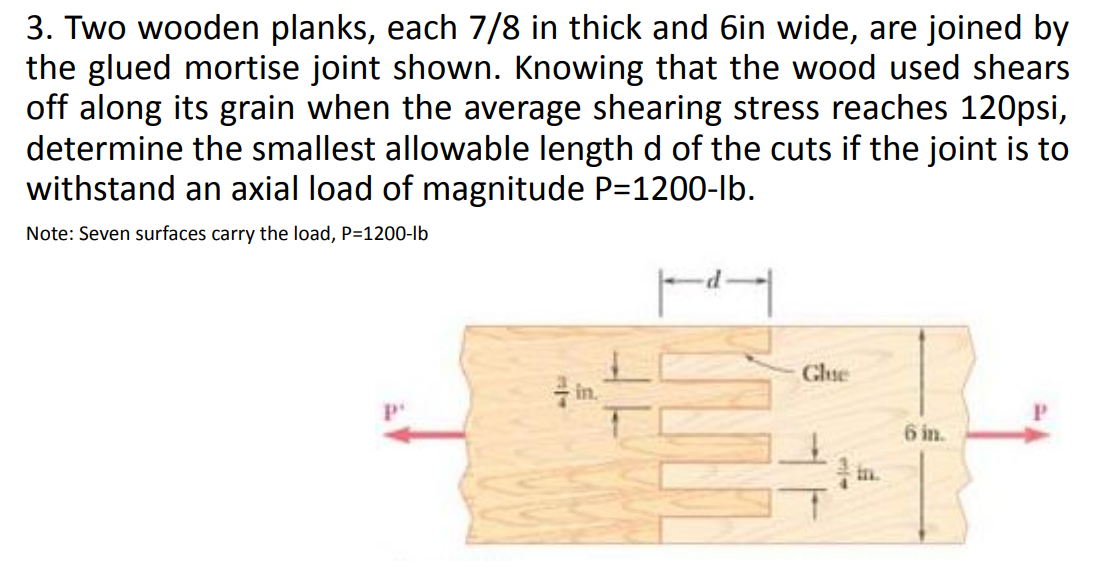 3. Two wooden planks, each 7/8 in thick and 6in wide, are joined by
the glued mortise joint shown. Knowing that the wood used shears
off along its grain when the average shearing stress reaches 120psi,
determine the smallest allowable length d of the cuts if the joint is to
withstand an axial load of magnitude P=1200-lb.
Note: Seven surfaces carry the load, P=1200-lb
Glue
- in.
6 in.
in.
