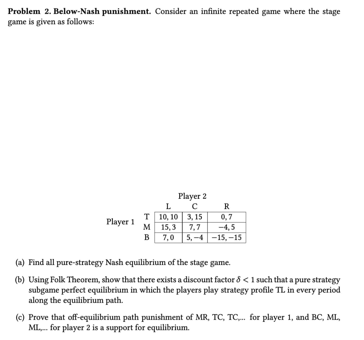 Problem 2. Below-Nash punishment. Consider an infinite repeated game where the stage
game is given as follows:
Player 2
L
C
R
T
10,10
3, 15
0,7
Player 1
M
15,3
7,7
-4,5
B
7,0
5,-4 -15, 15
(a) Find all pure-strategy Nash equilibrium of the stage game.
(b) Using Folk Theorem, show that there exists a discount factor 8 < 1 such that a pure strategy
subgame perfect equilibrium in which the players play strategy profile TL in every period
along the equilibrium path.
(c) Prove that off-equilibrium path punishment of MR, TC, TC,... for player 1, and BC, ML,
ML,... for player 2 is a support for equilibrium.
