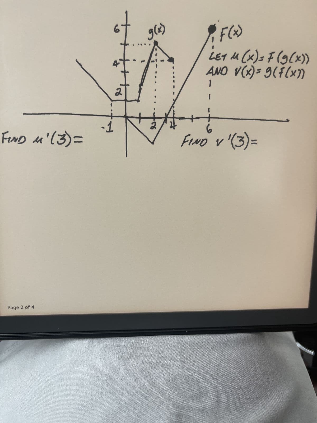 FIND M'(3) =
Page 2 of 4
-1
6
2
g(x)
• F(x)
LET M (x) = F (g(x))
AND V(x) = 9 (f(x))
6
FIND V'(3) =