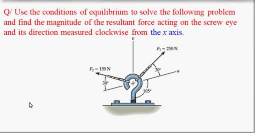 Q/ Use the conditions of equilibrium to solve the following problem
and find the magnitude of the resultant force acting on the screw eye
and its direction measured clockwise from the x axis.
F-250N
;-150N
105
