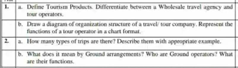 a. Define Tourism Products. Differentiate between a Wholesale travel agency and
tour operators.
1.
b. Draw a diagram of organization structure of a travel/ tour company. Represent the
functions of a tour operator in a chart format.
2.
a. How many types of trips are there? Describe them with appropriate example.
b. What does it mean by Ground arrangements? Who are Ground operators? What
are their functions.
