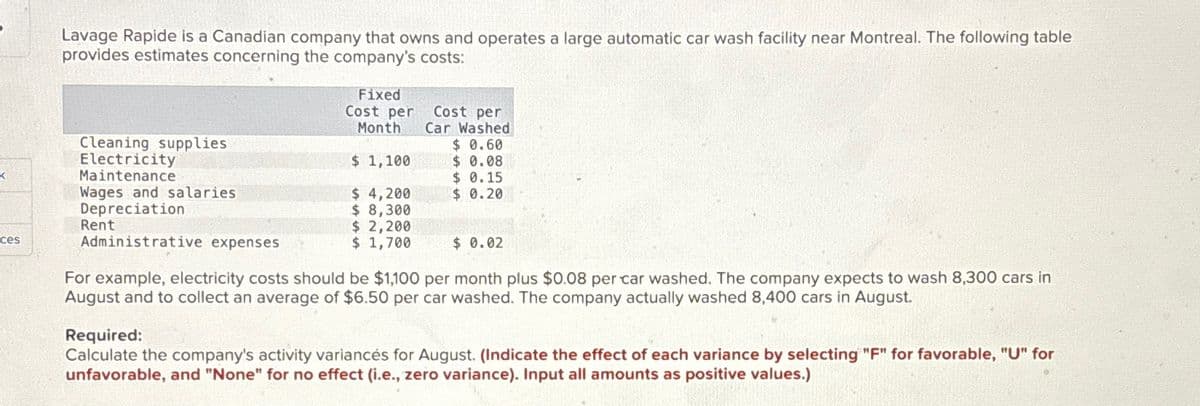 k
ces
Lavage Rapide is a Canadian company that owns and operates a large automatic car wash facility near Montreal. The following table
provides estimates concerning the company's costs:
Cleaning supplies
Electricity
Maintenance
Wages and salaries
Depreciation
Administrative expenses
Rent
Fixed
Cost per
Month
$ 1,100
$ 4,200
$ 8,300
$ 2,200
$ 1,700
Cost per
Car Washed
$ 0.60
$ 0.08
$0.15
$ 0.20
$ 0.02
For example, electricity costs should be $1,100 per month plus $0.08 per car washed. The company expects to wash 8,300 cars in
August and to collect an average of $6.50 per car washed. The company actually washed 8,400 cars in August.
Required:
Calculate the company's activity variances for August. (Indicate the effect of each variance by selecting "F" for favorable, "U" for
unfavorable, and "None" for no effect (i.e., zero variance). Input all amounts as positive values.)