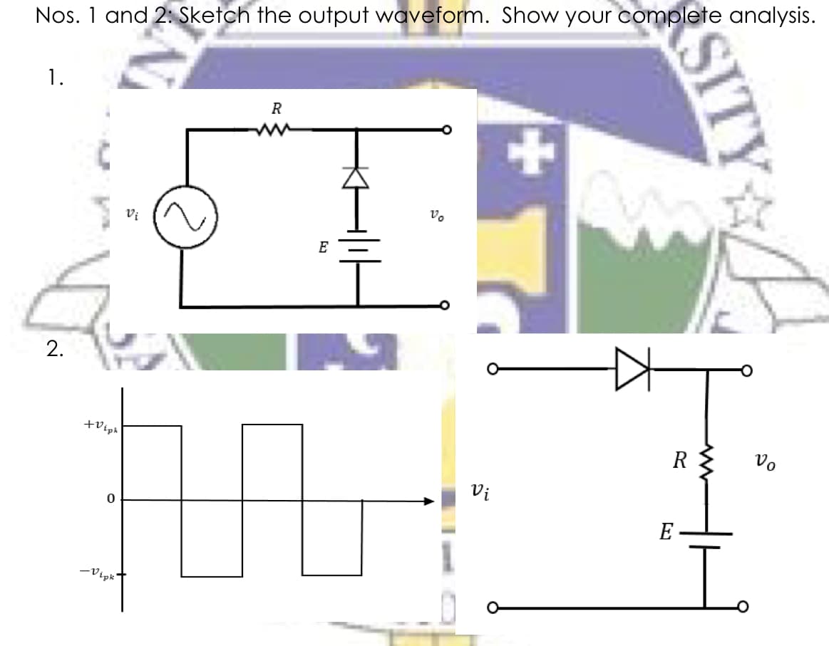 Nos. 1 and 2: Sketch the output waveform. Show your complete analysis.
1.
R
v.
Vị
E
2.
+Viph
R
vo
Vi
E
-Vipkt
SITY
