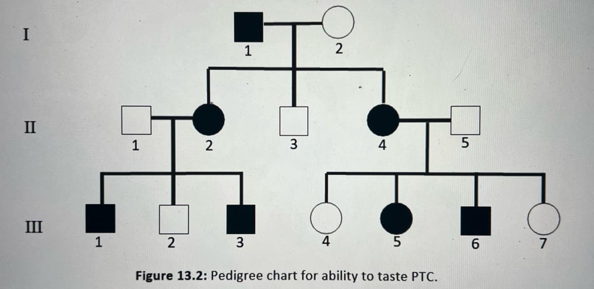 I
II
III
1
2
2
1
3
2
4
5
Figure 13.2: Pedigree chart for ability to taste PTC.
5
9