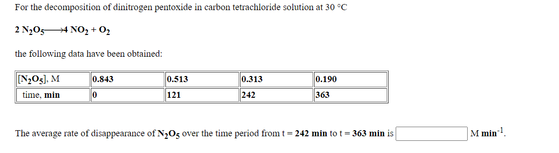 For the decomposition of dinitrogen pentoxide in carbon tetrachloride solution at 30 °C
2 N½O54 NO2 + O2
the following data have been obtained:
N2O5], M
0.843
0.513
0.313
0.190
time, min
121
242
363
The average rate of disappearance of N205 over the time period from t= 242 min to t= 363 min is
M min
