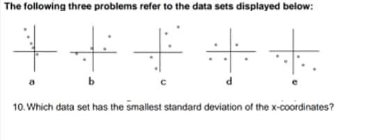 The following three problems refer to the data sets displayed below:
b
10. Which data set has the smallest standard deviation of the x-coordinates?
