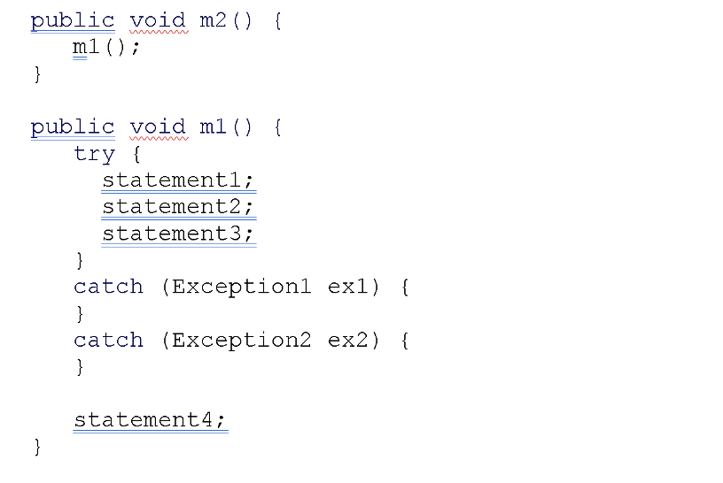 public void m2() {
ml();
}
public void m1() {
try {
statementl;
statement2;
statement3;
}
catch (Exceptionl ex1) {
}
catch (Exception2 ex2) {
}
statement4;
}

