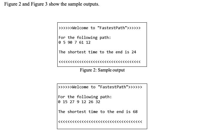 Figure 2 and Figure 3 show the sample outputs.
>>>>>>Welcome to "FastestPath">>>>>>
For the following path:
0 5 90 7 61 12
The shortest time to the end is 24
>>>>>>>
Figure 2: Sample output
>>>>>»Welcome to "FastestPath">>>>>>
For the following path:
e 15 27 9 12 26 32
The shortest time to the end is 68
<<<<<<<
