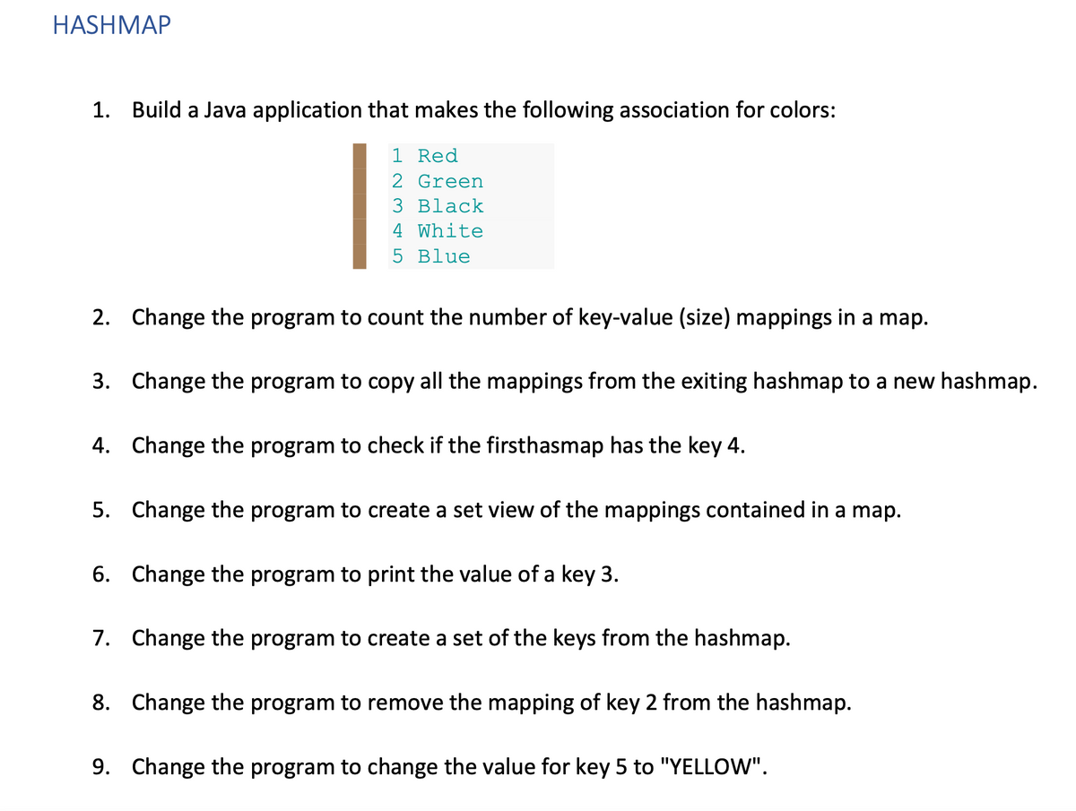 HASHMΑΡ
1. Build a Java application that makes the following association for colors:
1 Red
2 Green
3 Black
4 White
5 Blue
2. Change the program to count the number of key-value (size) mappings in a map.
3. Change the program to copy all the mappings from the exiting hashmap to a new hashmap.
4. Change the program to check if the firsthasmap has the key 4.
5. Change the program to create a set view of the mappings contained in a map.
6.
Change the program to print the value of a key 3.
7.
Change the program to create a set of the keys from the hashmap.
8. Change the program to remove the mapping of key 2 from the hashmap.
9. Change the program to change the value for key 5 to "YELLOW".
