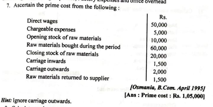 överhead
7. Ascertain the prime cost from the following :
Rs.
Direct wages
50,000
5,000
Chargeable expenses
Opening stock of raw materials
Raw materials bought during the period
Closing stock of raw materials
Carriage inwards
Carriage outwards
Raw materials returned to supplier
10,000
60,000
20,000
1,500
2,000
1,500
[Osmania, B.Com. April 1995]
[Ans : Prime cost : Rs. 1,05,000]
Hint: Ignore carriage outwards.
