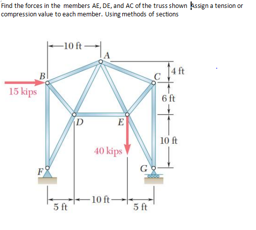 Find the forces in the members AE, DE, and AC of the truss shown Assign a tension or
compression value to each member. Using methods of sections
-10 ft-
A
14 ft
15 kips
B
F
5 ft
D
E
40 kips
-10 ft-
C
GO
5 ft
6 ft
✓
10 ft