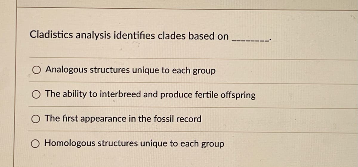 Cladistics analysis identifies clades based on
O Analogous structures unique to each group
The ability to interbreed and produce fertile offspring
The first appearance in the fossil record
O Homologous structures unique to each group