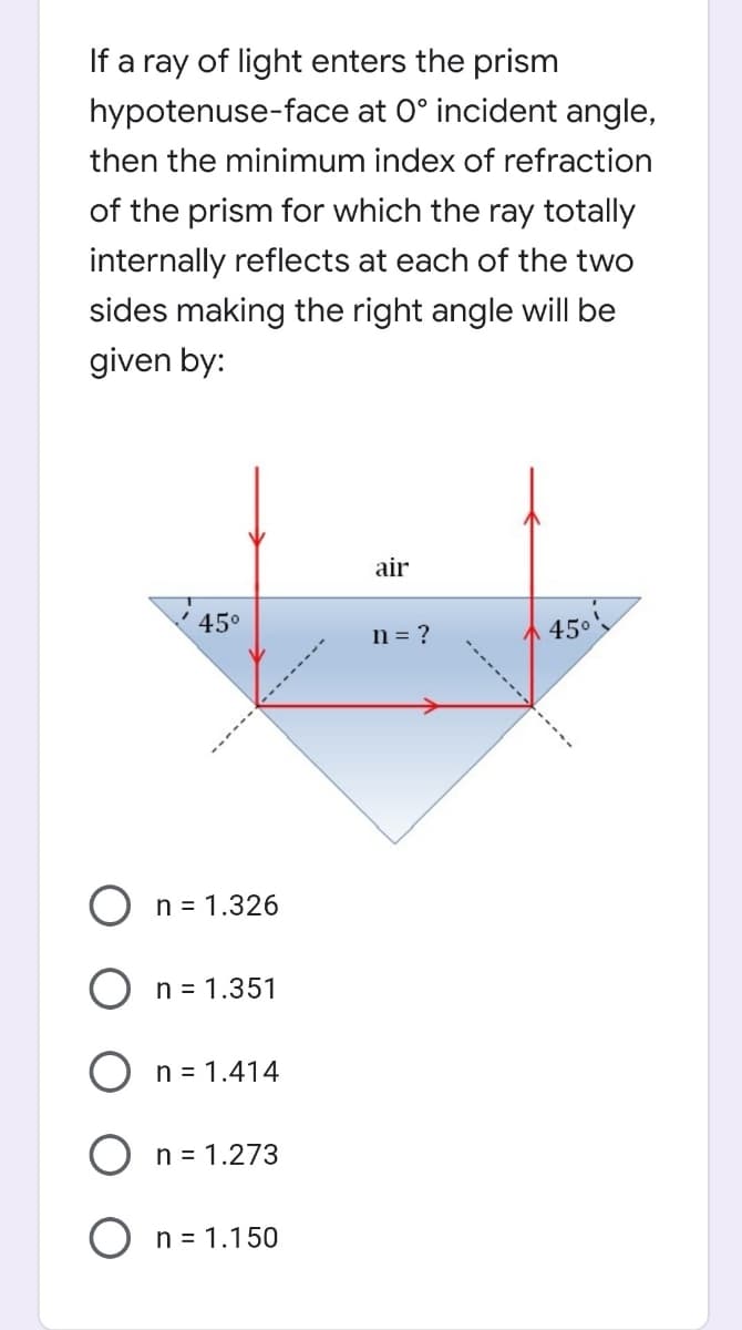 If a ray of light enters the prism
hypotenuse-face at 0° incident angle,
then the minimum index of refraction
of the prism for which the ray totally
internally reflects at each of the two
sides making the right angle will be
given by:
air
( 45°
n = ?
450
.-----
n = 1.326
n = 1.351
n = 1.414
n = 1.273
O n= 1.150

