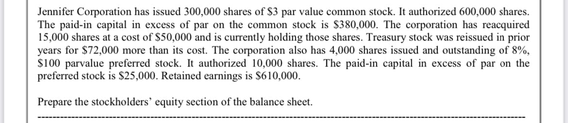 Jennifer Corporation has issued 300,000 shares of $3 par value common stock. It authorized 600,000 shares.
The paid-in capital in excess of par on the common stock is $380,000. The corporation has reacquired
15,000 shares at a cost of $50,000 and is currently holding those shares. Treasury stock was reissued in prior
years for $72,000 more than its cost. The corporation also has 4,000 shares issued and outstanding of 8%,
$100 parvalue preferred stock. It authorized 10,000 shares. The paid-in capital in excess of par on the
preferred stock is $25,000. Retained earnings is $610,000.
Prepare the stockholders' equity section of the balance sheet.

