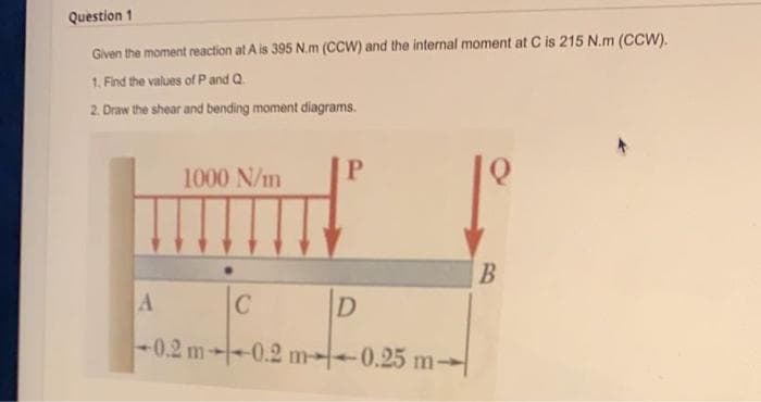 Question 1
Given the moment reaction at A is 395 N.m (CCW) and the internal moment at C is 215 N.m (CCW).
1. Find the values of P and Q.
2. Draw the shear and bending moment diagrams.
1000 N/m
A.
C
D.
0.2 m-0.2 m 0.25 m-
-0.2 m-0.25 m-
4114
