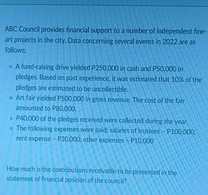 ABC Council provides financial support to a number of independent fine-
art projects in the city. Data concerning several events in 2022 are as
follows:
o A fund-raising drive yielded P250,000 in cash and P50,000 in
pledges. Based on past experience, it was estimated that 10% of the
pledges are estimated to be uncollectible.
o Art fair yielded P500,000 in gross revenue. The cost of the fair
amounted to P80,000,
o P40,000 of the pledges received were collected during the year.
o The following expenses were paid: salaries of trustees - P100,000:
rent expense - P30,000: other expenses – P10,000
How much is the contributions receivable to be presented in the
statement of financial position of the council?
