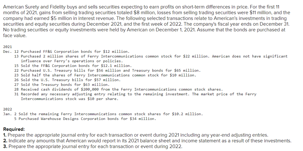 American Surety and Fidelity buys and sells securities expecting to earn profits on short-term differences in price. For the first 11
months of 2021, gains from selling trading securities totaled $8 million, losses from selling trading securities were $11 million, and the
company had earned $5 million in interest revenue. The following selected transactions relate to American's investments in trading
securities and equity securities during December 2021, and the first week of 2022. The company's fiscal year ends on December 31.
No trading securities or equity investments were held by American on December 1, 2021. Assume that the bonds are purchased at
face value.
2021
Dec. 12 Purchased FF&G Corporation bonds for $12 million.
13 Purchased 2 million shares of Ferry Intercommunications common stock for $22 million. American does not have significant
influence over Ferry's operations or policies.
15 Sold the FF&G Corporation bonds for $12.1 million.
22 Purchased U.S. Treasury bills for $56 million and Treasury bonds for $65 million.
23 Sold half the shares of Ferry Intercommunications common stock for $10 million.
26 Sold the U.S. Treasury bills for $57 million.
27 Sold the Treasury bonds for $63 million.
28 Received cash dividends of $200,000 from the Ferry Intercommunications common stock shares.
31 Recorded any necessary adjusting entry relating to the remaining investment. The market price of the Ferry
Intercommunications stock was $10 per share.
2022
Jan. 2 Sold the remaining Ferry Intercommunications common stock shares for $10.2 million.
5 Purchased Warehouse Designs Corporation bonds for $34 million.
Required:
1. Prepare the appropriate journal entry for each transaction or event during 2021 including any year-end adjusting entries.
2. Indicate any amounts that American would report in its 2021 balance sheet and income statement as a result of these investments.
3. Prepare the appropriate journal entry for each transaction or event during 2022.