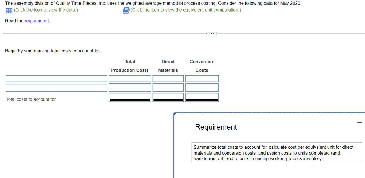 The assembly division of Quality Time Pieces, Inc. uses the weighted-average method of process costing. Consider the following data for May 2020:
(Click the icon to view the data.)
(Click the icon to view the equivalent unit computation.)
Read the requirement.
Begin by summarizing total costs to account for.
Total costs to account for
Total
Production Costs
Direct
Materials
Conversion
Costs
Requirement
Summarize total costs to account for, calculate cost per equivalent unit for direct
materials and conversion costs, and assign costs to units completed (and
transferred out) and to units in ending work-in-process inventory.