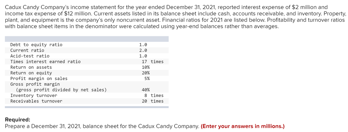 Cadux Candy Company's income statement for the year ended December 31, 2021, reported interest expense of $2 million and
income tax expense of $12 million. Current assets listed in its balance sheet include cash, accounts receivable, and inventory. Property,
plant, and equipment is the company's only noncurrent asset. Financial ratios for 2021 are listed below. Profitability and turnover ratios
with balance sheet items in the denominator were calculated using year-end balances rather than averages.
Debt to equity ratio
1.0
Current ratio
2.0
Acid-test ratio
1.0
Times interest earned ratio
17 times
Return on assets
10%
Return on equity
20%
Profit margin on sales
5%
Gross profit margin
(gross profit divided by net sales)
40%
Inventory turnover
8
times
Receivables turnover
20 times
Required:
Prepare a December 31, 2021, balance sheet for the Cadux Candy Company. (Enter your answers in millions.)