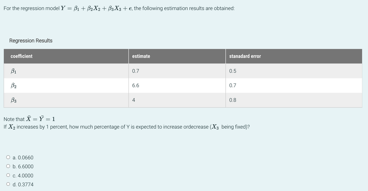 For the regression model Y = B₁ + B2X2 + B3X3 + e, the following estimation results are obtained:
Regression Results
coefficient
B1
B₂
B3
estimate
a. 0.0660
O b. 6.6000
O c. 4.0000
O d. 0.3774
0.7
6.6
4
stanadard error
0.5
0.7
0.8
Note that X = Y = 1
If X₂ increases by 1 percent, how much percentage of Y is expected to increase ordecrease (X3 being fixed)?