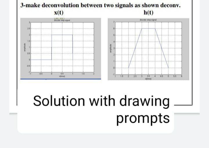 3-make deconvolution between two signals as shown deconv.
x(t)
h(t)
dincete stepnal
discate step signal
1.5
05
06
nme)
36
oime)
Solution with drawing
prompts
angitude
