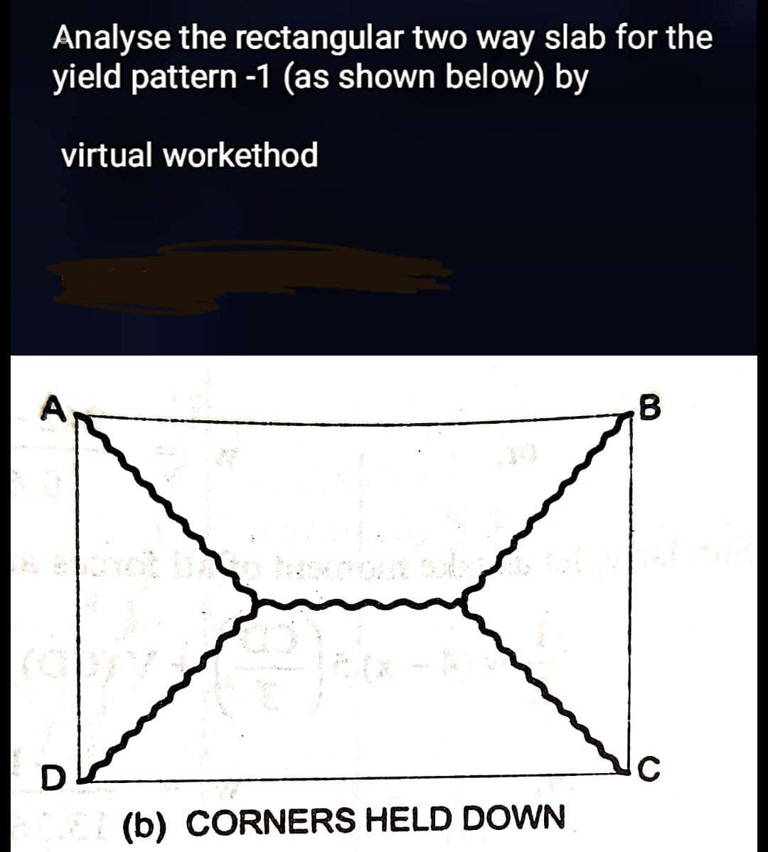 Analyse the rectangular two way slab for the
yield pattern -1 (as shown below) by
virtual workethod
A
B
D
G
(b) CORNERS HELD DOWN