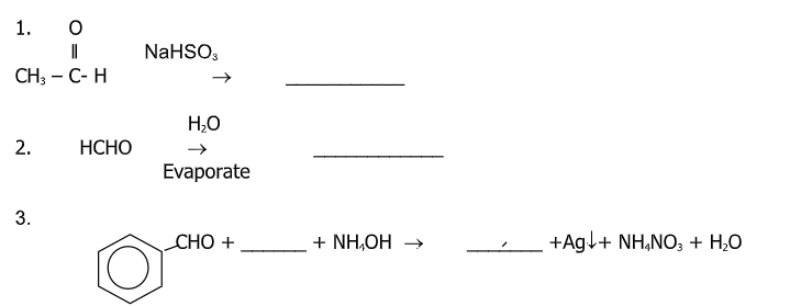1.
NaHSO,
CH; — С- Н
H,O
2.
НСНО
Evaporate
3.
CHO +
+ NH,OH →
+Agl+ NH,NO; + H;O
