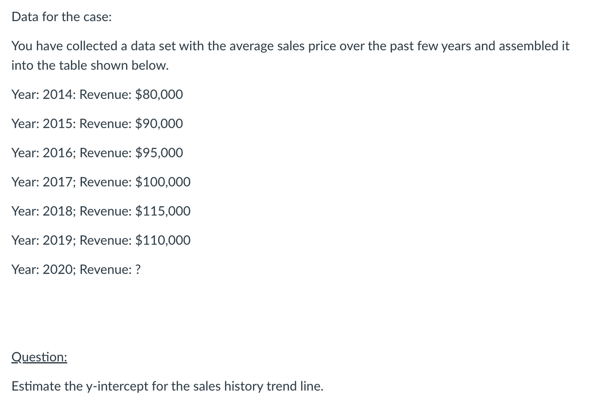 Data for the case:
You have collected a data set with the average sales price over the past few years and assembled it
into the table shown below.
Year: 2014: Revenue: $80,000
Year: 2015: Revenue: $90,000
Year: 2016; Revenue: $95,000
Year: 2017; Revenue: $100,000
Year: 2018; Revenue: $115,000
Year: 2019; Revenue: $110,000
Year: 2020; Revenue: ?
Question:
Estimate the y-intercept for the sales history trend line.