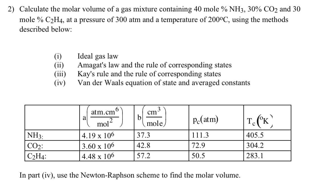2) Calculate the molar volume of a gas mixture containing 40 mole % NH3, 30% CO2 and 30
mole % C2H4, at a pressure of 300 atm and a temperature of 200°C, using the methods
described below:
(i)
(ii)
(iii)
(iv)
Ideal
law
gas
Amagat's law and the rule of corresponding states
Kay's rule and the rule of corresponding states
Van der Waals equation of state and averaged constants
atm.cm
a
cm
Pe(atm)
T.(K)
2.
mol?
mole
NH3:
4.19 х 106
37.3
111.3
405.5
СО:
3.60 x 106
42.8
72.9
304.2
C2H4:
4.48 x 106
57.2
50.5
283.1
In part (iv), use the Newton-Raphson scheme to find the molar volume.
