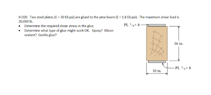 9-D20 Two steel plates (E = 30 E6 psi) are glued to the pine beam (E = 1.8 E6 psi). The maximum shear load is
20,000 lb.
• Determine the required shear stress in the glue.
• Determine what type of glue might work OK. Epoxy? Silicon
sealant? Gorilla glue?
PL 4× 8-
16 in.
PL 4x 8
10 in,
