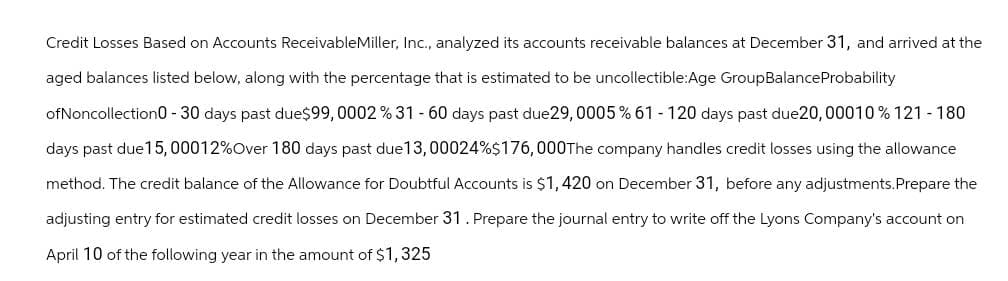 Credit Losses Based on Accounts ReceivableMiller, Inc., analyzed its accounts receivable balances at December 31, and arrived at the
aged balances listed below, along with the percentage that is estimated to be uncollectible:Age GroupBalanceProbability
of Noncollection0 - 30 days past due$99, 0002 % 31 - 60 days past due29, 0005 % 61 - 120 days past due 20,00010 % 121-180
days past due 15,00012% Over 180 days past due 13,00024% $176,000The company handles credit losses using the allowance
method. The credit balance of the Allowance for Doubtful Accounts is $1,420 on December 31, before any adjustments. Prepare the
adjusting entry for estimated credit losses on December 31. Prepare the journal entry to write off the Lyons Company's account on
April 10 of the following year in the amount of $1,325
