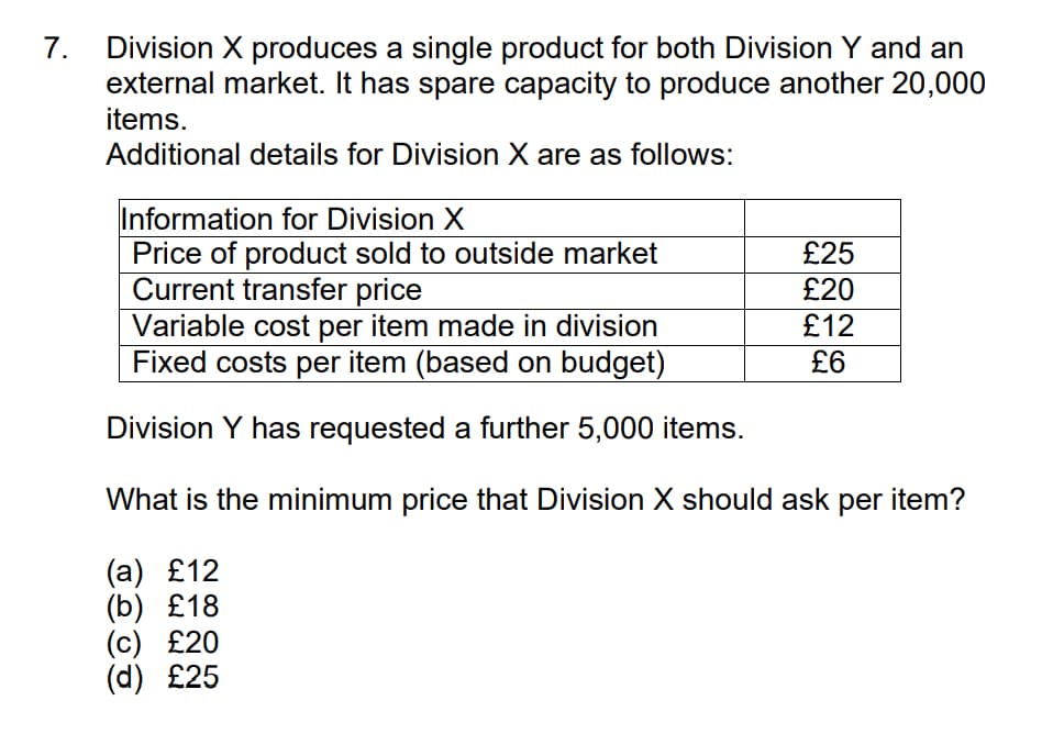 7.
Division X produces a single product for both Division Y and an
external market. It has spare capacity to produce another 20,000
items.
Additional details for Division X are as follows:
Information for Division X
Price of product sold to outside market
Current transfer price
Variable cost per item made in division
Fixed costs per item (based on budget)
Division Y has requested a further 5,000 items.
£25
£20
£12
£6
What is the minimum price that Division X should ask per item?
(a) £12
(b) £18
(c) £20
(d) £25