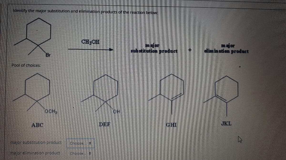 Identify the major substitution and elimination products of the reaction below:
CH,OH
maor
sub stitution product
major
dimination product
Br
Pool of choices:
OCH,
HO.
ABC
DEF
GHI
JKL
majorsubstitution product
Choose
enaprzlimiharion product
Choose
