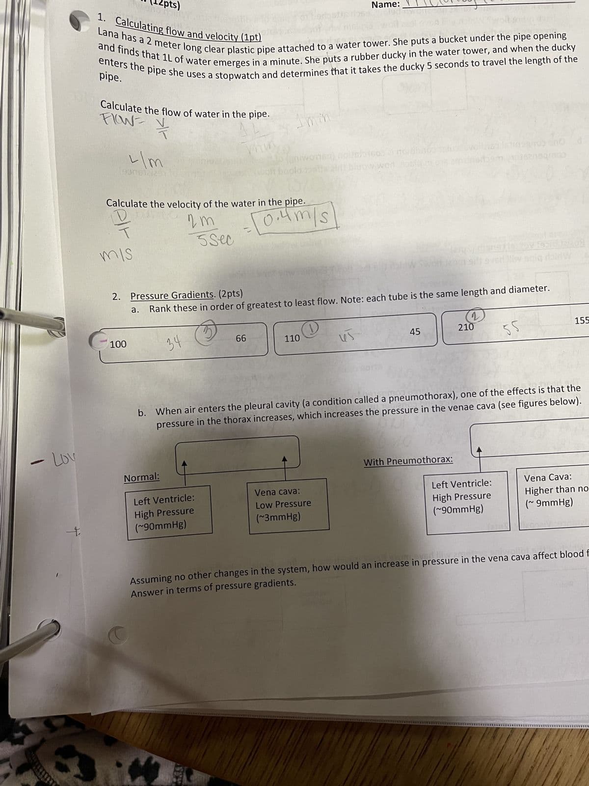 -
Lov
12pts)
w and p
1. Calculating flow and velocity (1pt)
Name:
Lana has a 2 meter long clear plastic pipe attached to a water tower. She puts a bucket under the pipe opening
and finds that 1L of water emerges in a minute. She puts a rubber ducky in the water tower, and when the ducky
enters the pipe she uses a stopwatch and determines that it takes the ducky 5 seconds to travel the length of the
pipe.
Calculate the flow of water in the pipe.
FLOW = */
L
9306121201
I min
Thin
bold st
bluow worl polici
ano d
Calculate the velocity of the water in the pipe.
Mis
2m
5Sec
- [0.4m/s]
2. Pressure Gradients. (2pts)
a.
Rank these in order of greatest to least flow. Note: each tube is the same length and diameter.
100
34
66
110
2
45
210
55
155
b. When air enters the pleural cavity (a condition called a pneumothorax), one of the effects is that the
pressure in the thorax increases, which increases the pressure in the venae cava (see figures below).
t
Normal:
Left Ventricle:
High Pressure
(~90mmHg)
Vena cava:
Low Pressure
(~3mmHg)
With Pneumothorax:
Left Ventricle:
High Pressure
(~90mmHg)
Vena Cava:
Higher than no
(~ 9mmHg)
Assuming no other changes in the system, how would an increase in pressure in the vena cava affect blood f
Answer in terms of pressure gradients.