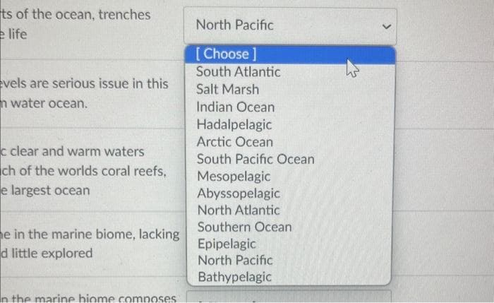 ts of the ocean, trenches
e life
evels are serious issue in this
n water ocean.
c clear and warm waters
ch of the worlds coral reefs,
e largest ocean
e in the marine biome, lacking
d little explored
In the marine biome composes
North Pacific
[Choose ]
South Atlantic
Salt Marsh
Indian Ocean
Hadalpelagic
Arctic Ocean
South Pacific Ocean
Mesopelagic
Abyssopelagic
North Atlantic
Southern Ocean
Epipelagic
North Pacific
Bathypelagic
M