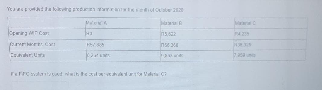 You are provided the following production information for the month of October 2020
Material A
Material B
Material C
Opening WIP Cost
RO
R5,622
R4 235
Current Months' Cost
R57,885
R66,368
R36,329
Equivalent Units
6,264 units
9.863 units
7.959 units
If a FIFO system is used, what is the cost per equivalent unit for Material C?
