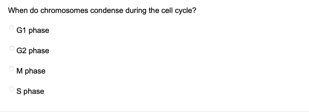 When do chromosomes condense during the cell cycle?
G1 phase
G2 phase
M phase
S phase